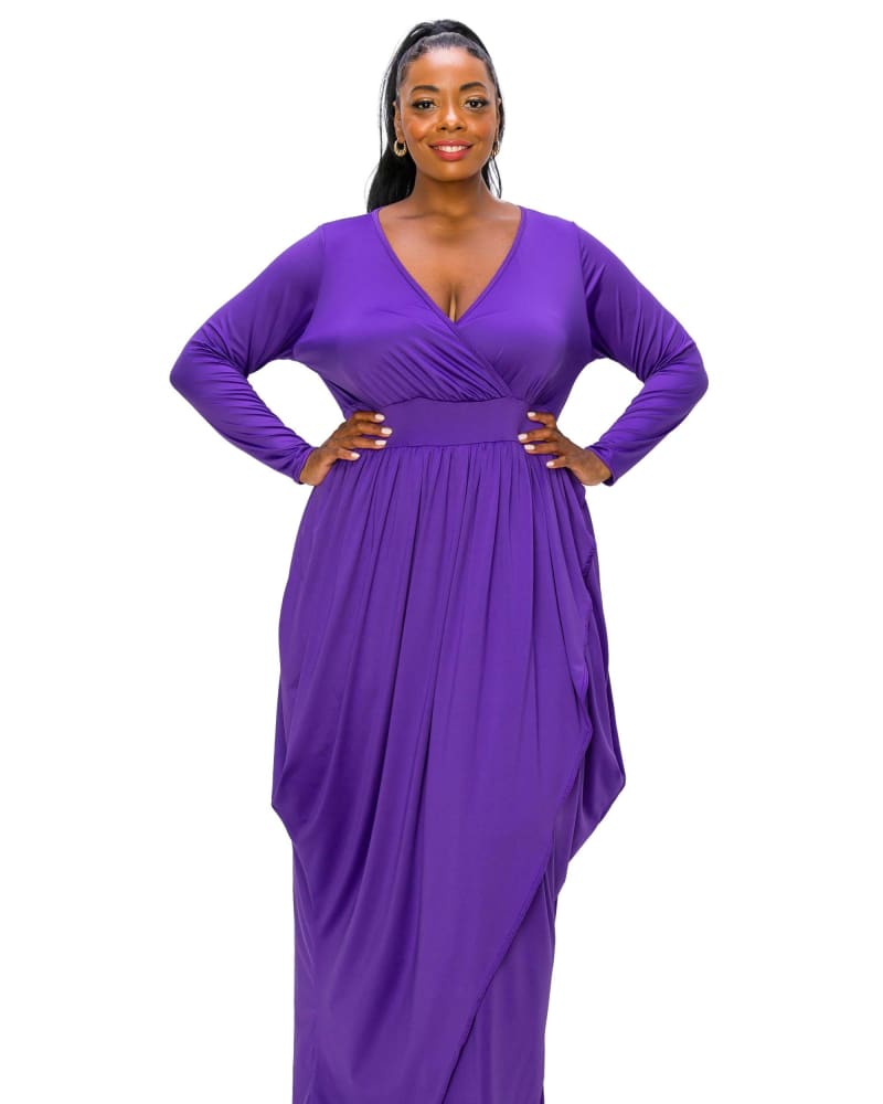 Front of a model wearing a size 1X Giuliana Tulip Hem Maxi Dress in Purple by L I V D. | dia_product_style_image_id:309590